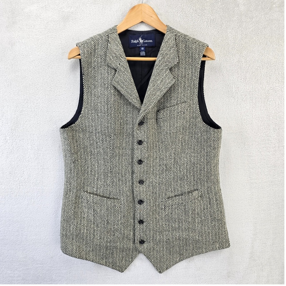 Vintage Polo Ralph Lauren Vest Size 10 Small Beige Wool Herringbone USA Made